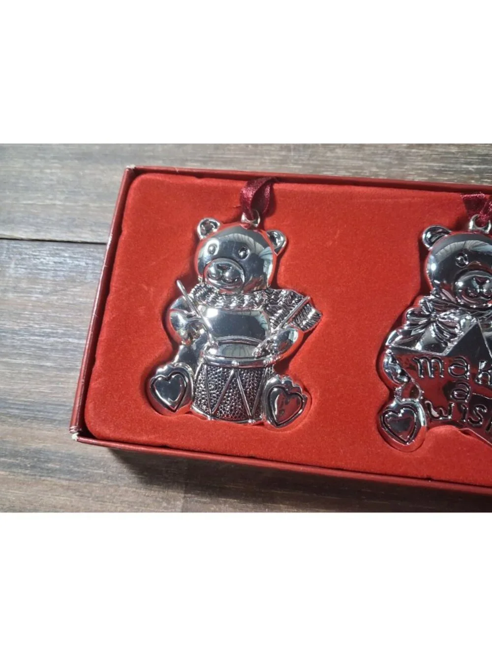 Gorham Silver Plated Teddy Bear Christmas Ornies Set Drum List Make Wish